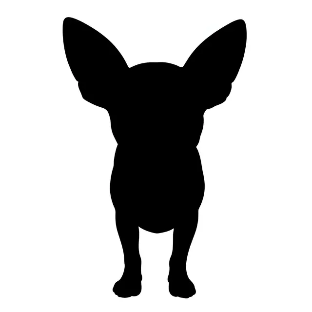 Solid black chihuahua silhouette with large upright ears centered on a plain white background