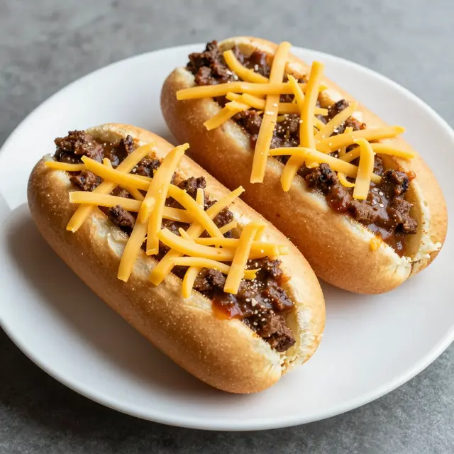 Two loaded chili cheese dogs with shredded cheddar sit on a white plate atop a gray countertop.