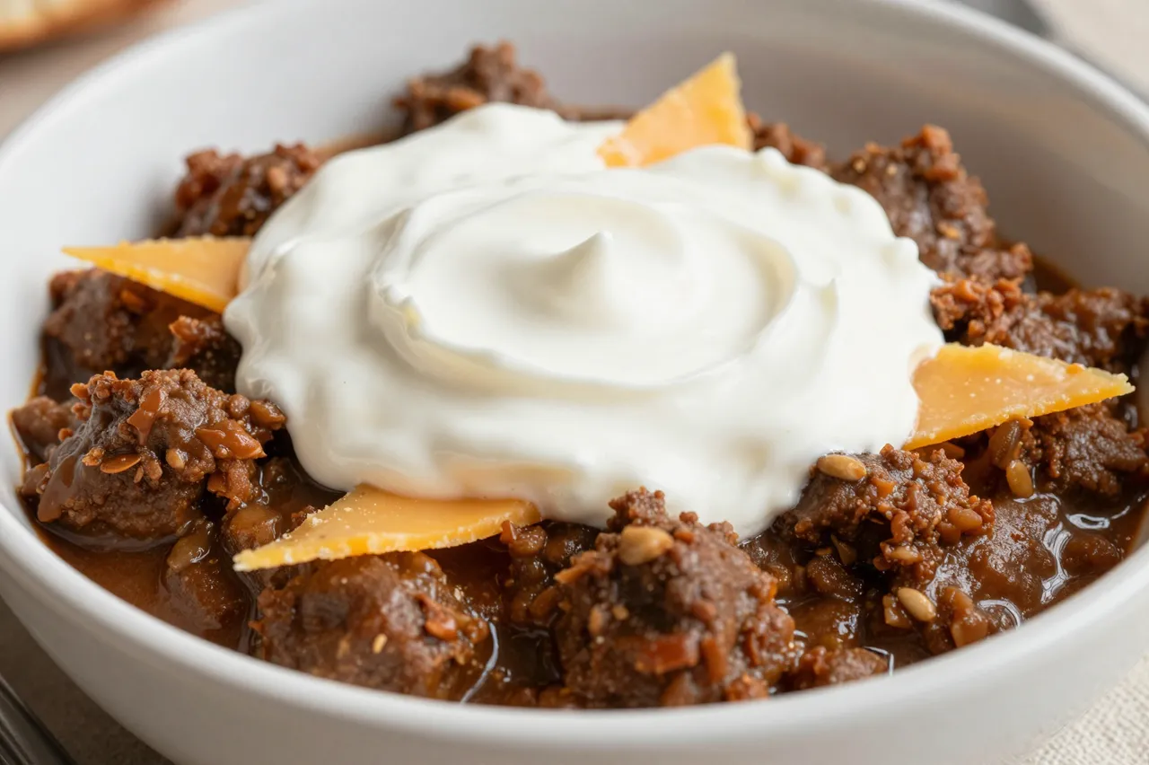 A close-up view of a bowl of chili con carne topped with swirled sour cream and cheddar cheese shards