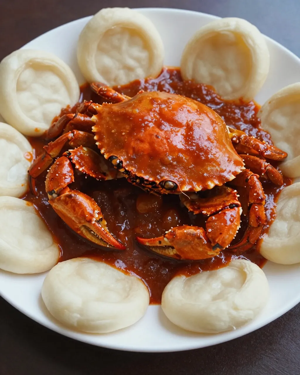 Whole chili crab in glossy red sauce arranged with fried buns on a white plate