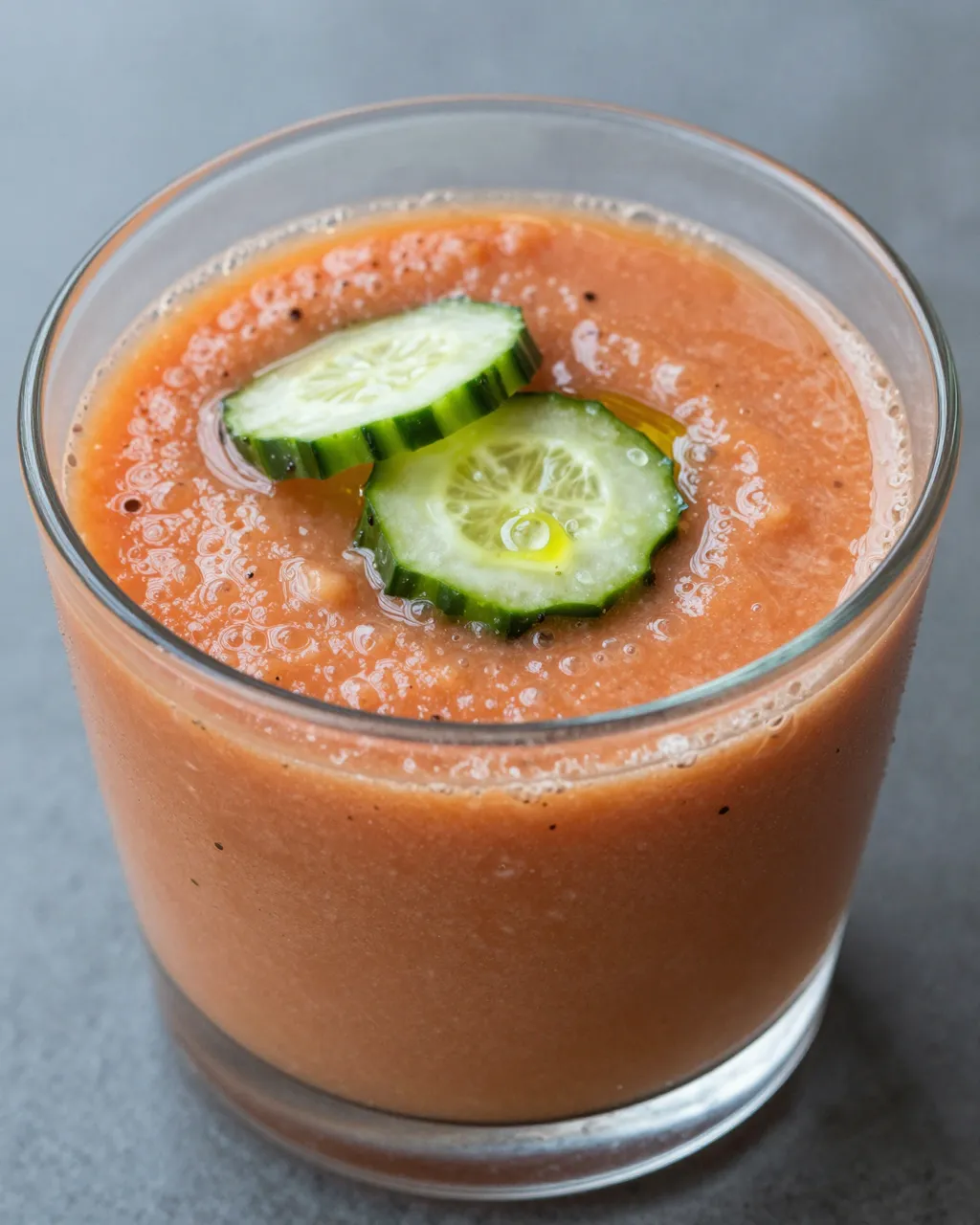 Clear glass of orange gazpacho topped with cucumber slices and olive oil on a gray surface