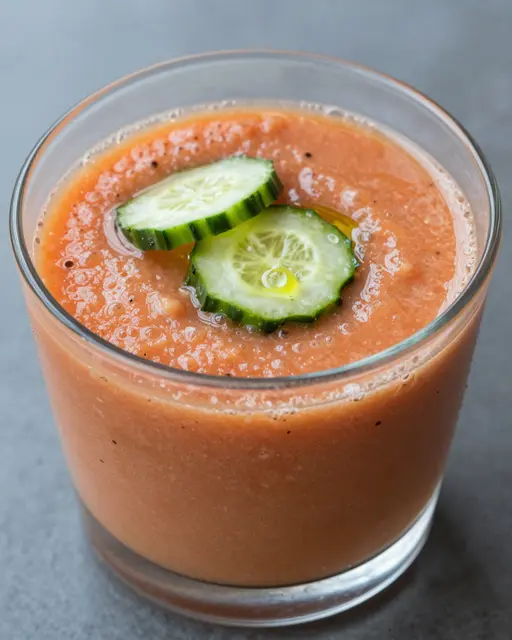 Clear glass of orange gazpacho topped with cucumber slices and olive oil on a gray surface