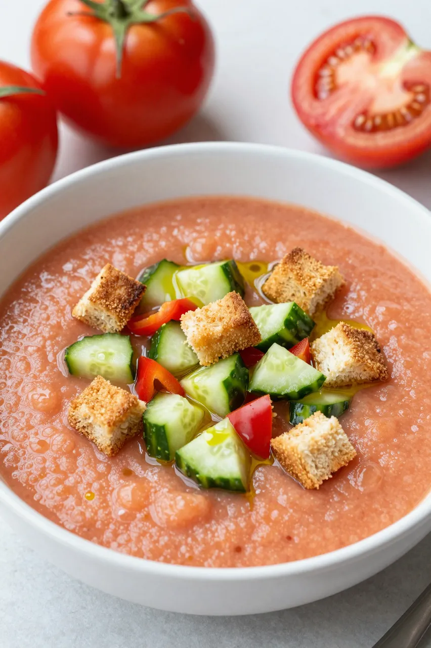 A bowl of chilled tomato gazpacho topped with cucumber, croutons, red pepper and olive oil, surrounded by fresh tomatoes in