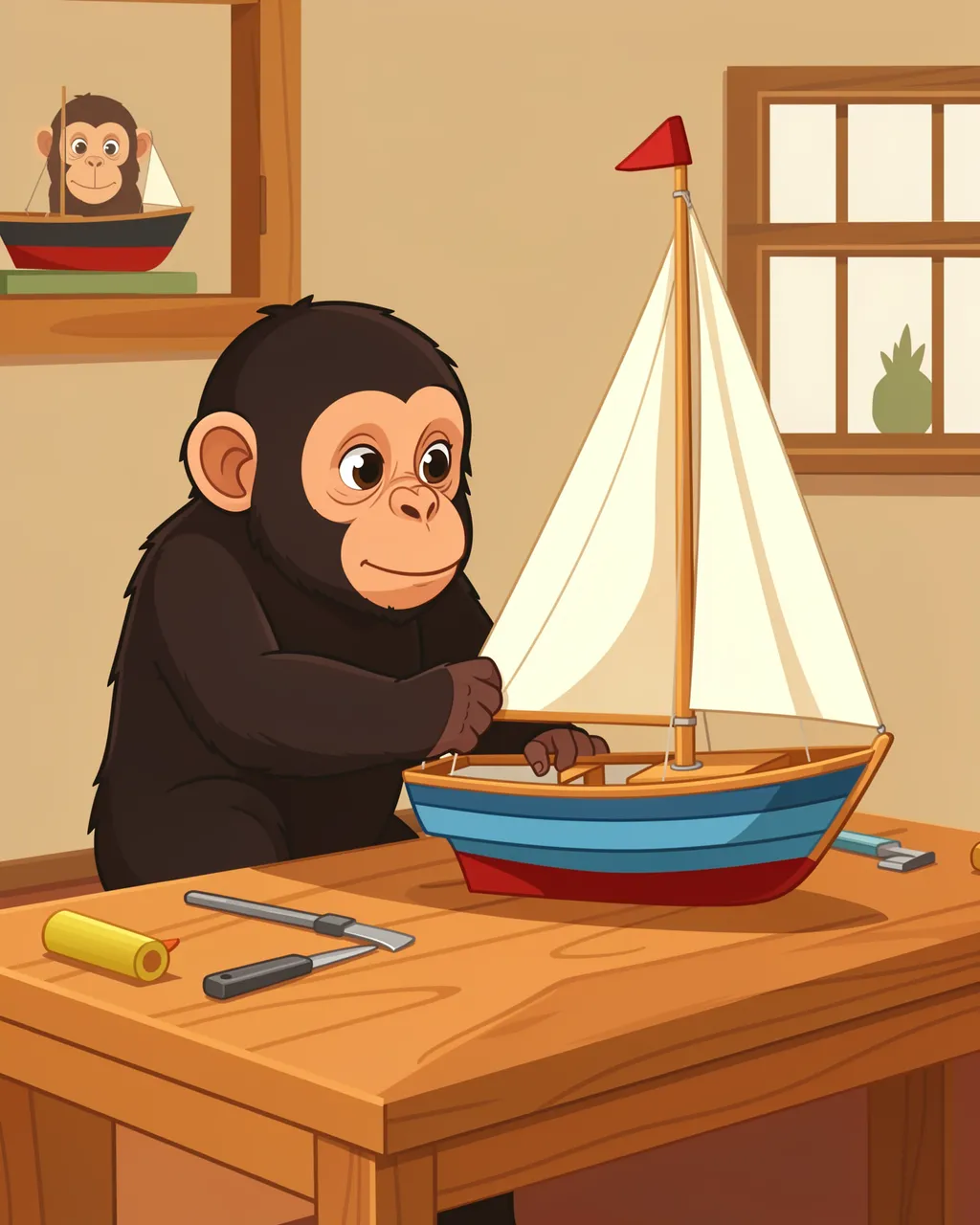 A cartoon chimpanzee works on a wooden model sailboat at a warm wood workbench