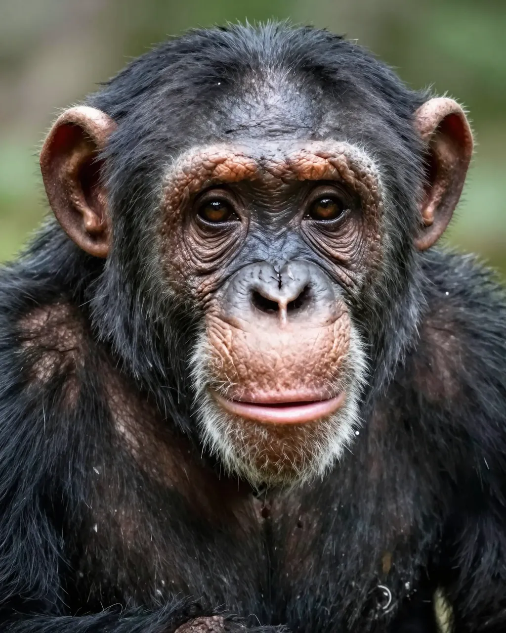 A close-up frontal portrait of a chimpanzee with expressive warm brown eyes facing the camera