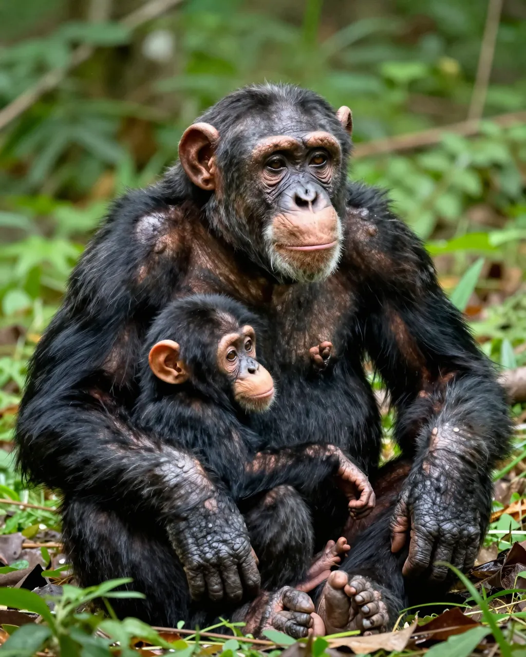 An adult chimpanzee sits resting with an infant chimpanzee nestled against her in a green forest clearing.