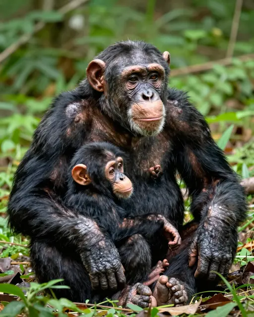 An adult chimpanzee sits resting with an infant chimpanzee nestled against her in a green forest clearing.