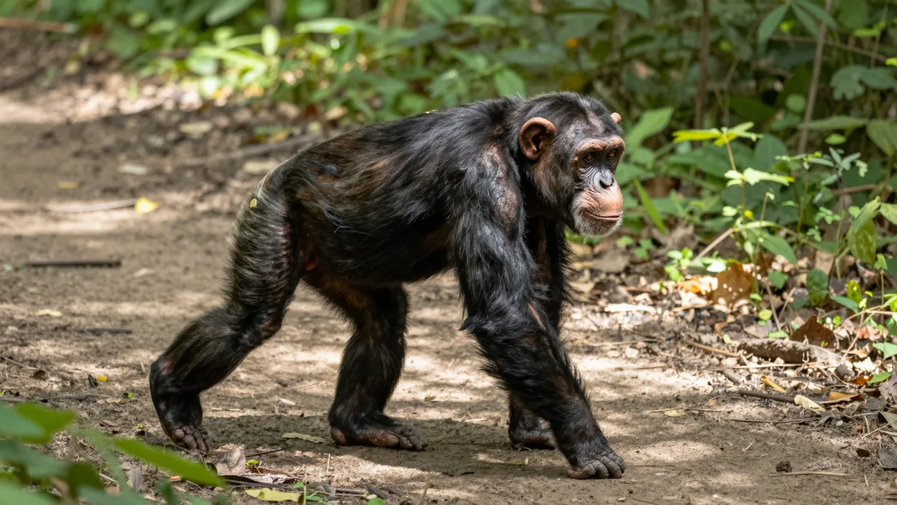 A chimpanzee walks on all fours along a sun-dappled dirt forest trail in side view