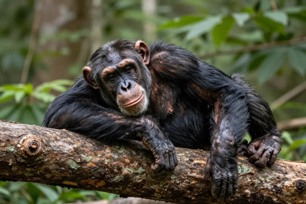 A chimpanzee rests leaning on a weathered fallen log in a green forest environment