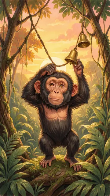 A cute chimpanzee holds brass bells while standing on a jungle branch at soft sunrise