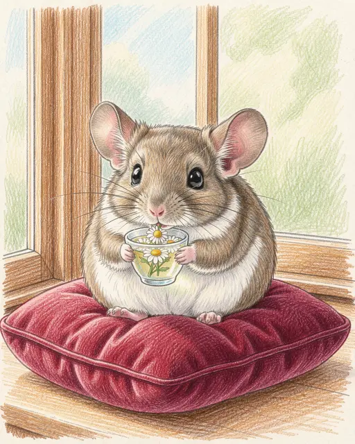 Colored pencil drawing of a fluffy chinchilla holding a teacup while sitting on a red velvet cushion by a sunny window