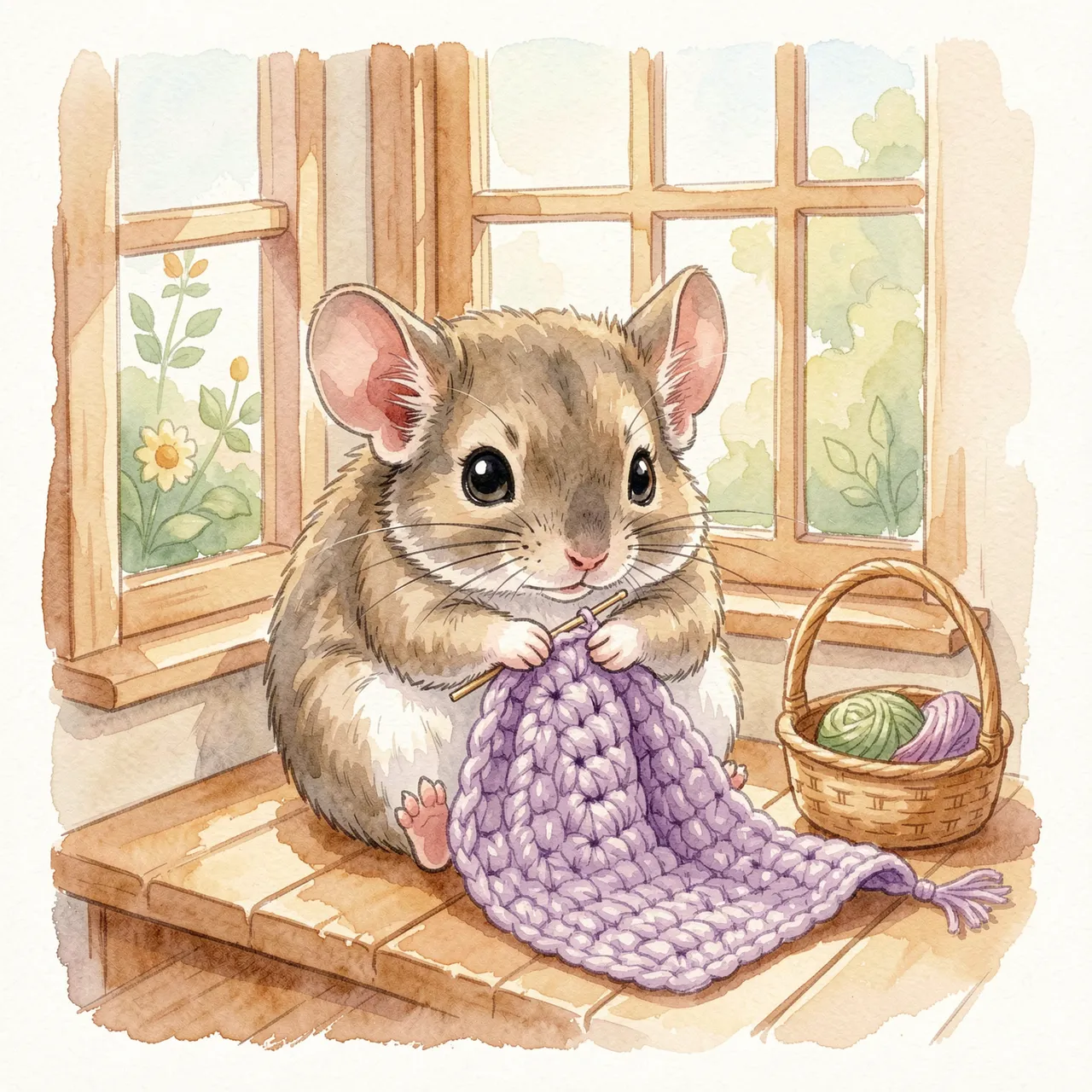 A fluffy chinchilla sits on a sunny window sill knitting a soft lilac blanket next to a yarn basket