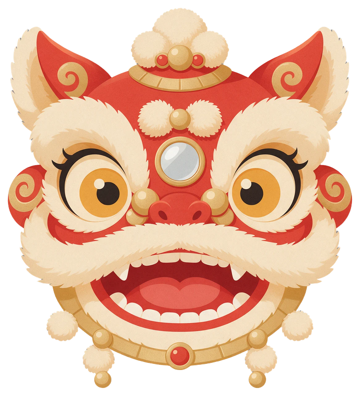 Red and gold front-facing lion dance head illustration with fluffy white trim and friendly features