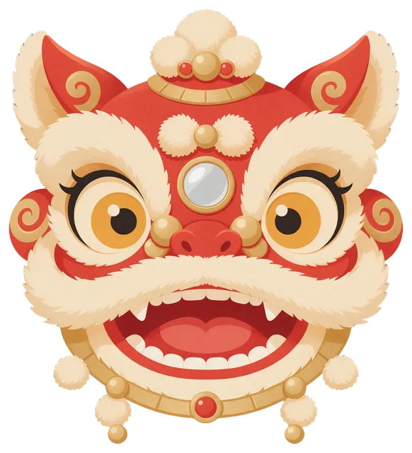 Red and gold front-facing lion dance head illustration with fluffy white trim and friendly features