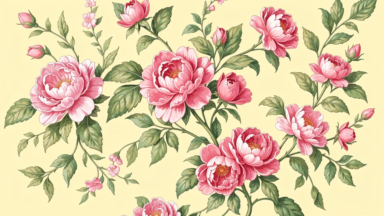 Hand-painted chintz pattern of pink roses and peonies with green leaves on a pale yellow background
