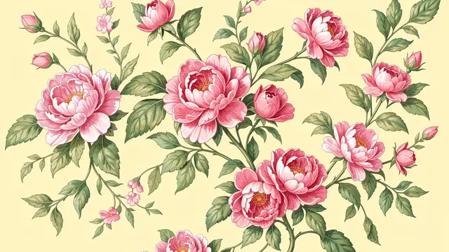 Hand-painted chintz pattern of pink roses and peonies with green leaves on a pale yellow background