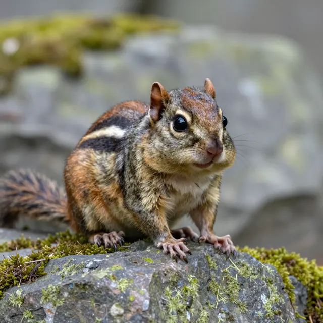 A chipmunk with full puffed cheek pouches sits perched on a moss covered grey rock