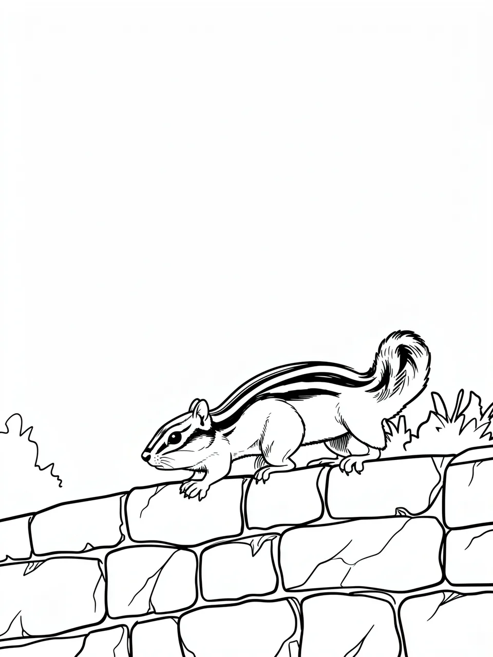 Bold black line art of a chipmunk walking along a stacked stone wall with large empty white space above