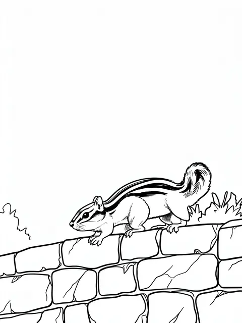 Bold black line art of a chipmunk walking along a stacked stone wall with large empty white space above