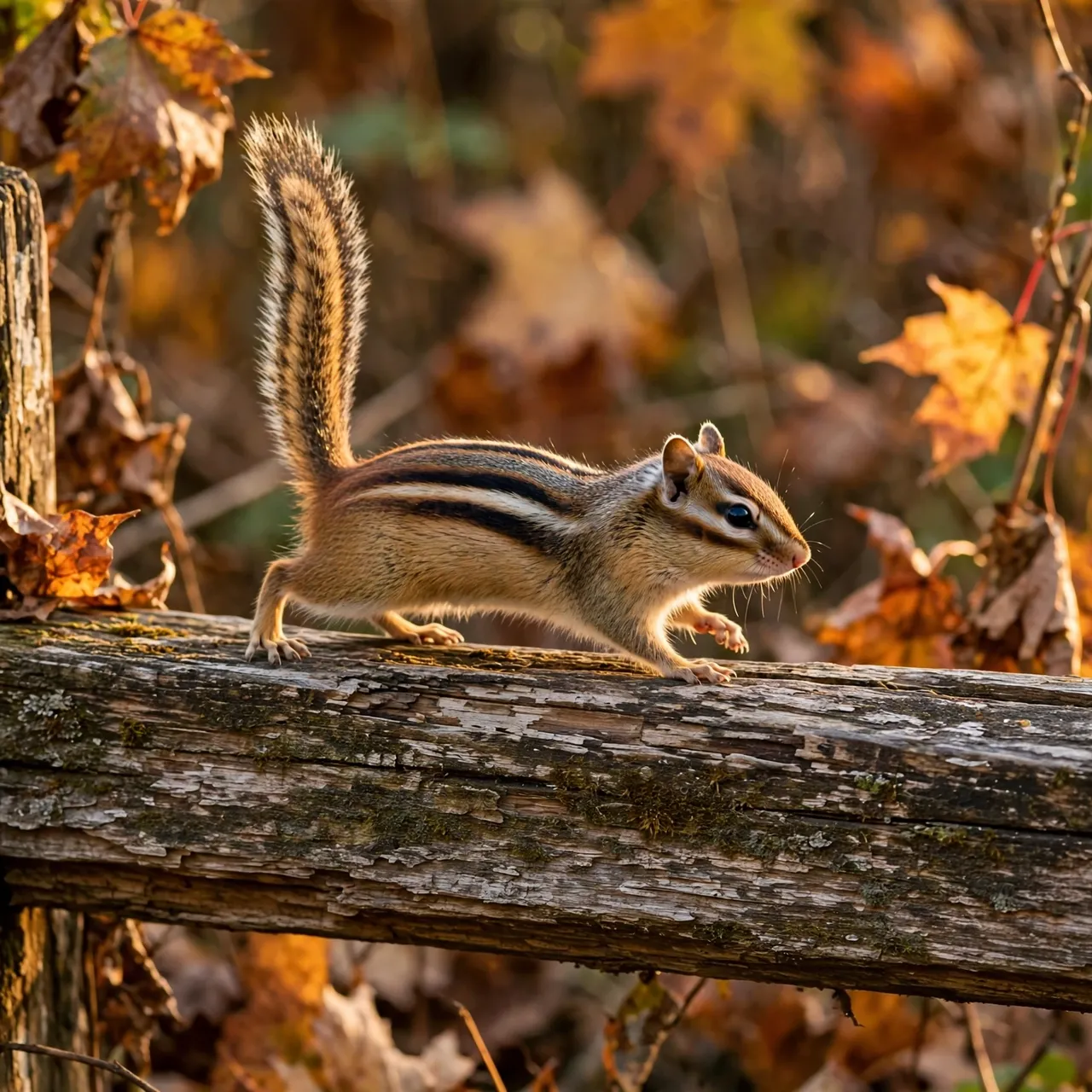 A chipmunk with an upright tail walks along a weathered wooden fence in warm autumn sunlight
