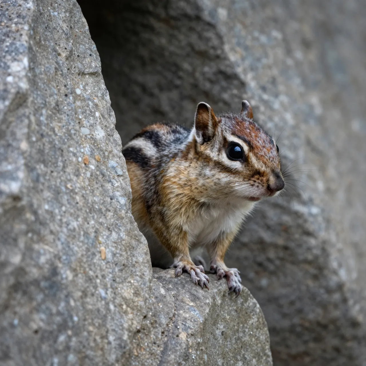 An eastern chipmunk leans out of a crevice in a rough gray stone wall, looking outward.