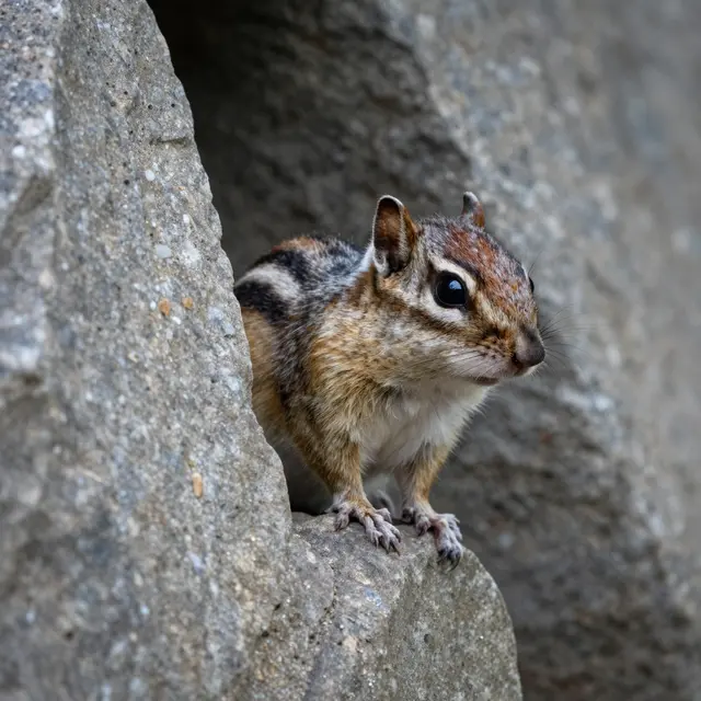 An eastern chipmunk leans out of a crevice in a rough gray stone wall, looking outward.