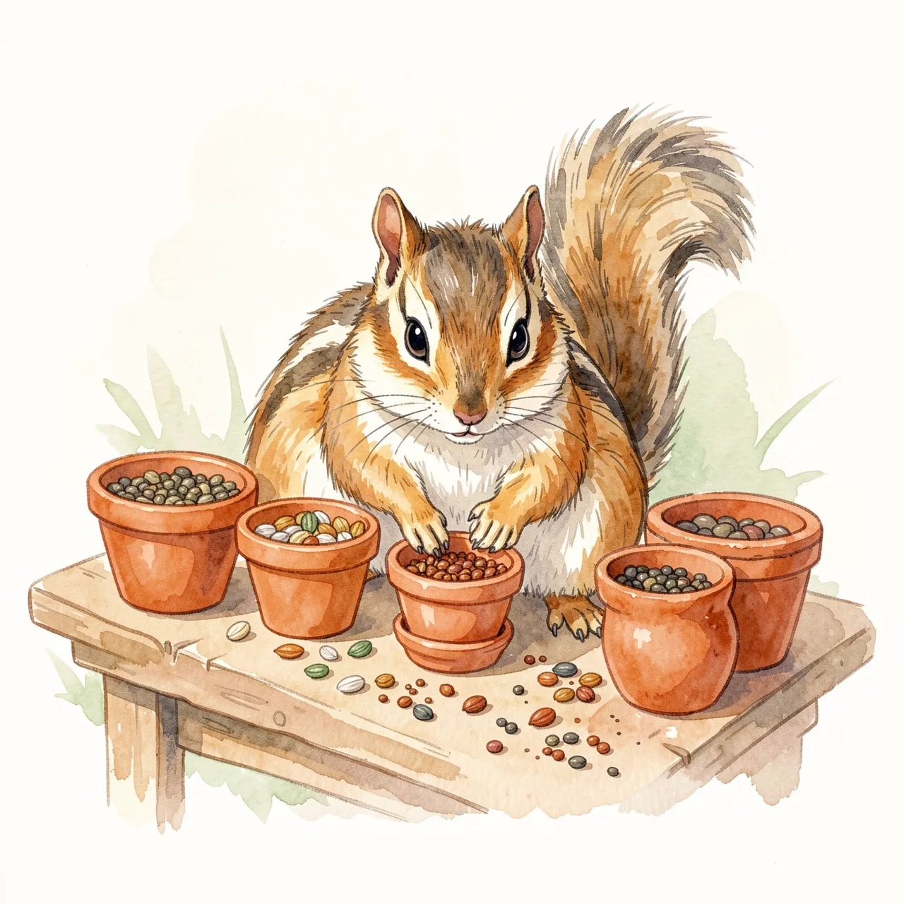 Soft watercolor illustration of a chipmunk sorting seeds into small terracotta pots on a wooden potting bench
