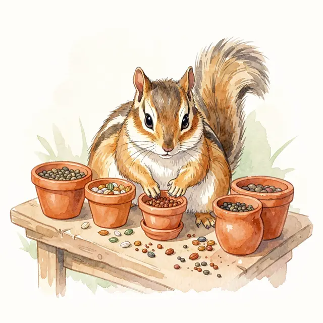 Soft watercolor illustration of a chipmunk sorting seeds into small terracotta pots on a wooden potting bench