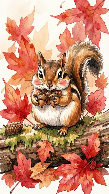 A cute illustrated chipmunk holds acorns while sitting on a mossy log surrounded by red fall maple leaves.