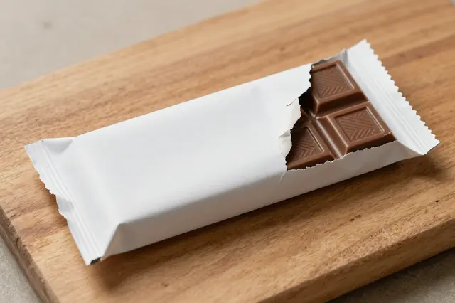 A chocolate bar in plain white torn packaging rests on a light wooden cutting board.