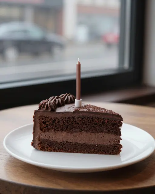A slice of chocolate cake with a single candle sits on a white plate next to a rainy cafe window.