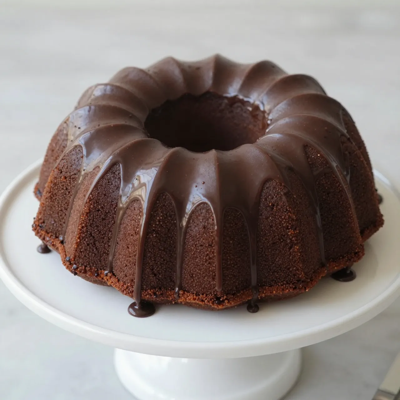 Chocolate bundt cake with glossy dripping ganache sits on a white ceramic cake stand