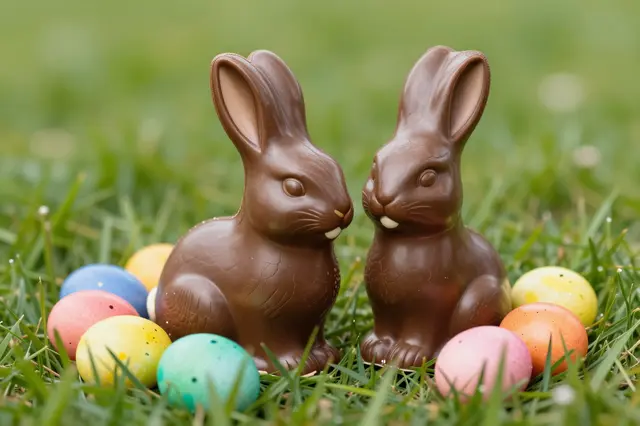 Two chocolate Easter bunnies sit surrounded by pastel decorated eggs on lush spring grass.