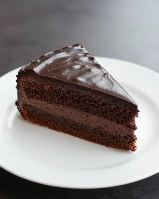 A layered slice of chocolate cake with glossy ganache sits centered on a plain white plate.