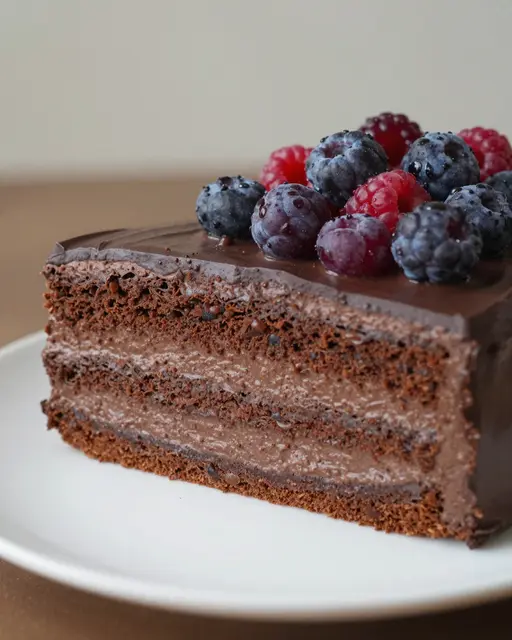A layered chocolate cake slice topped with fresh berries sits on a white plate.