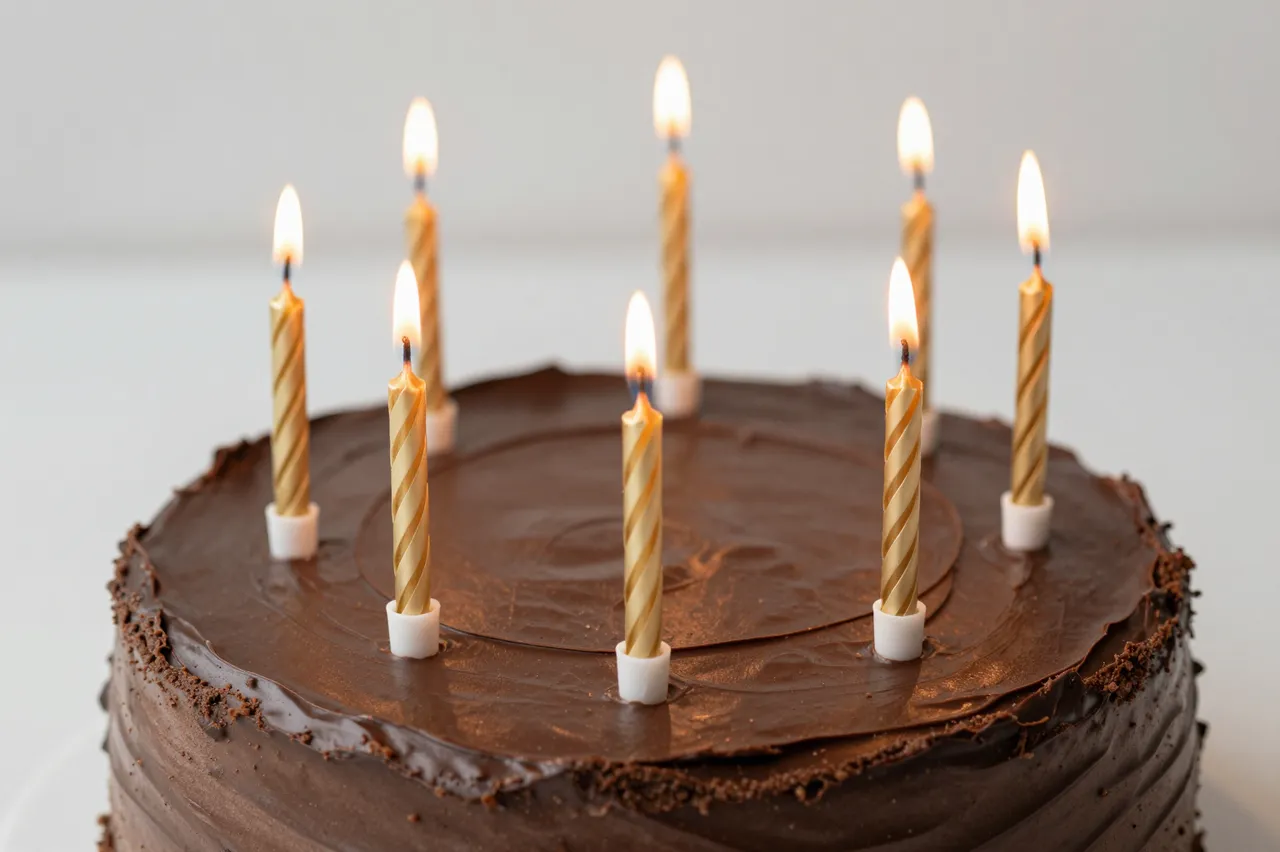 Close-up of a chocolate frosted birthday cake topped with glowing lit gold spiral candles