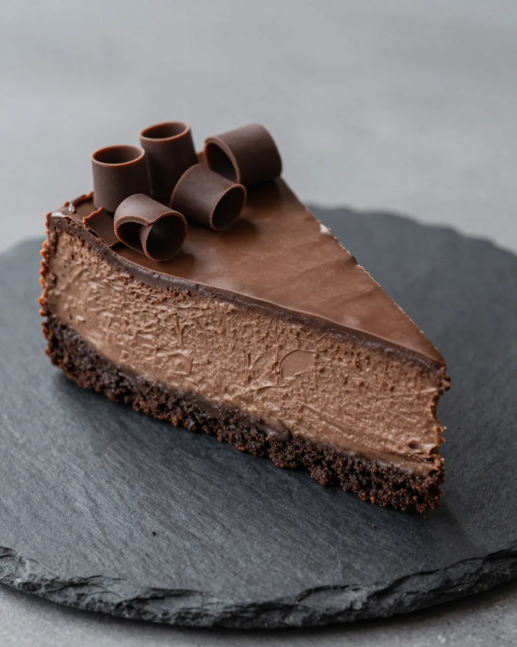 A single slice of chocolate cheesecake topped with chocolate curls rests on a dark slate plate