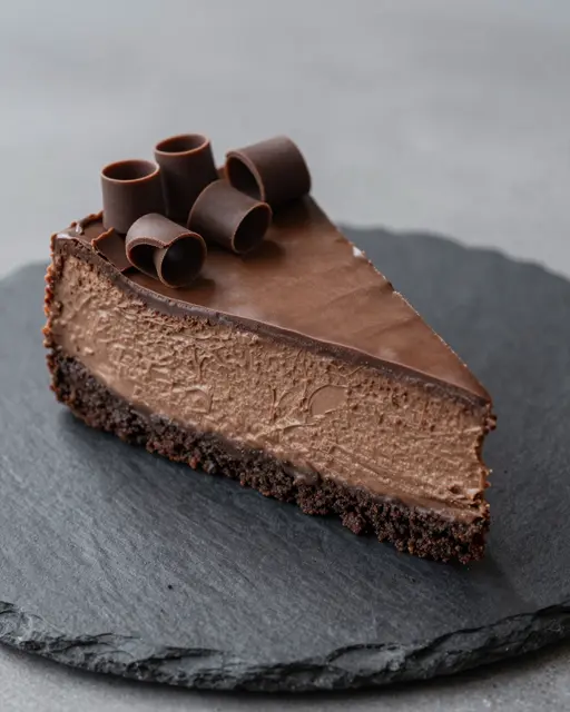 A single slice of chocolate cheesecake topped with chocolate curls rests on a dark slate plate