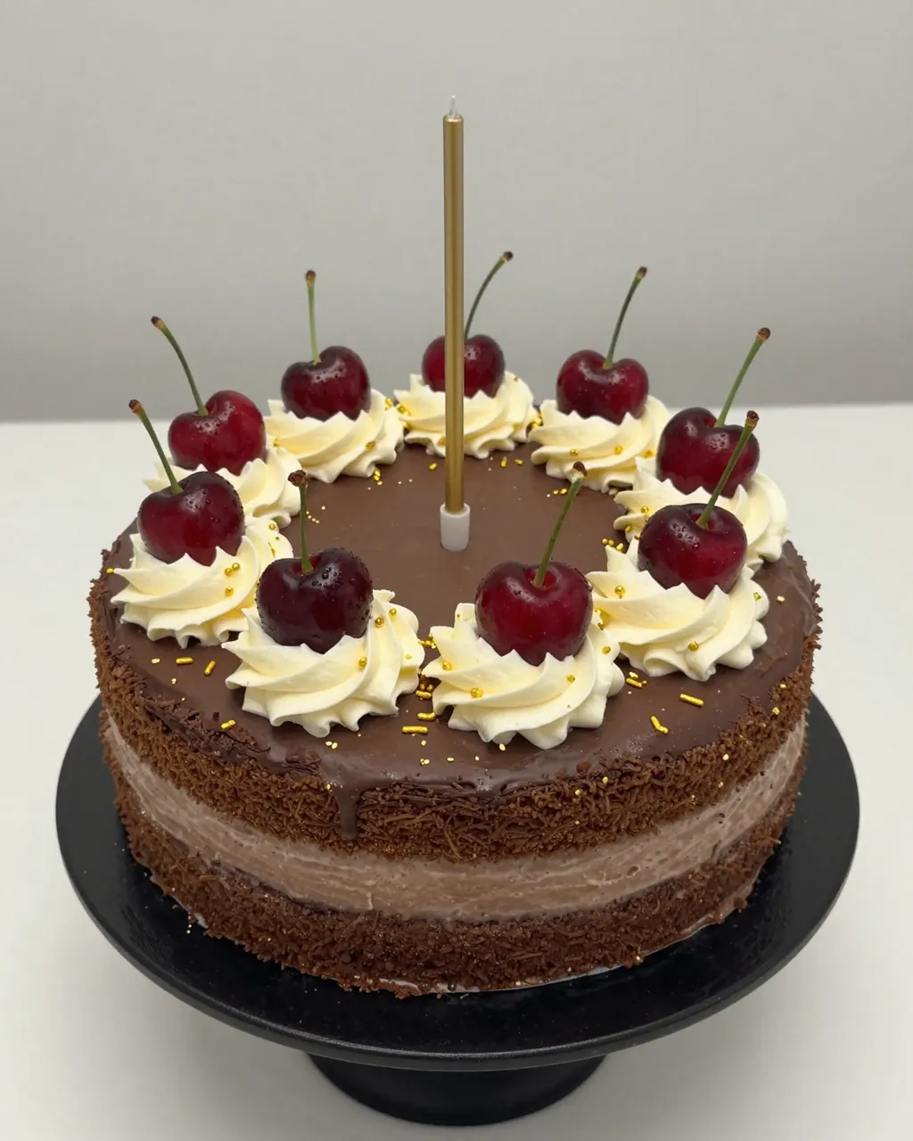 A decorated chocolate layer cake with fresh cherries, whipped cream, gold sprinkles, and a thin gold candle on a black stand.