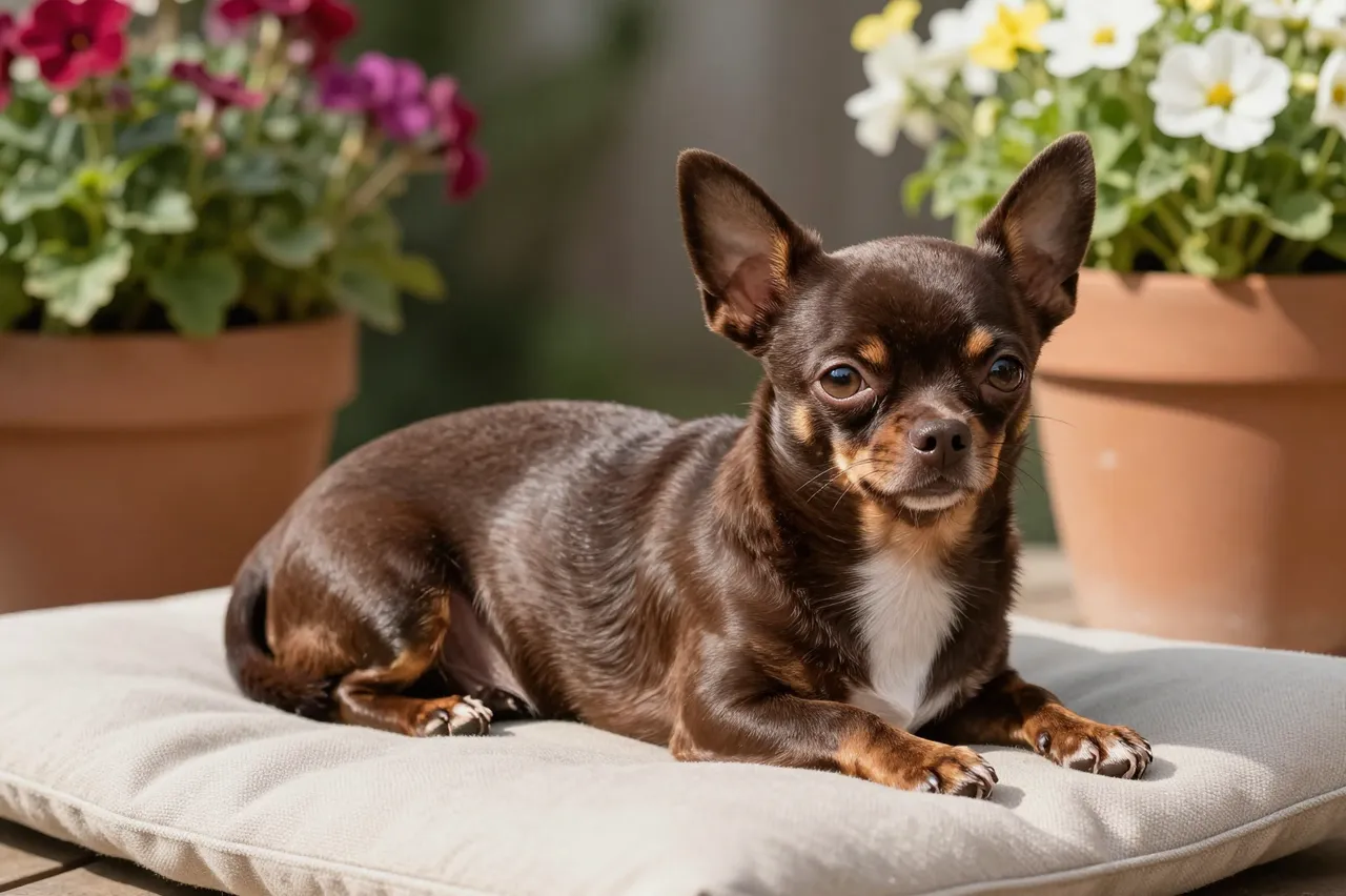 A chocolate brown Chihuahua with large ears rests on a garden cushion between potted flowering plants in bright sunlight