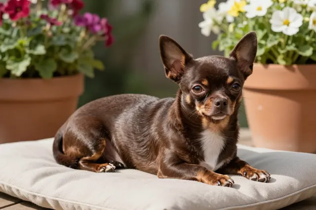 A chocolate brown Chihuahua with large ears rests on a garden cushion between potted flowering plants in bright sunlight