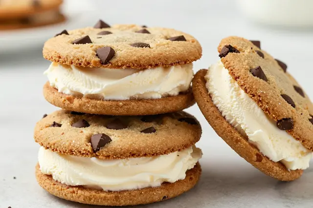 Stacked and leaning chocolate chip cookie ice cream sandwiches sit on a light neutral countertop.