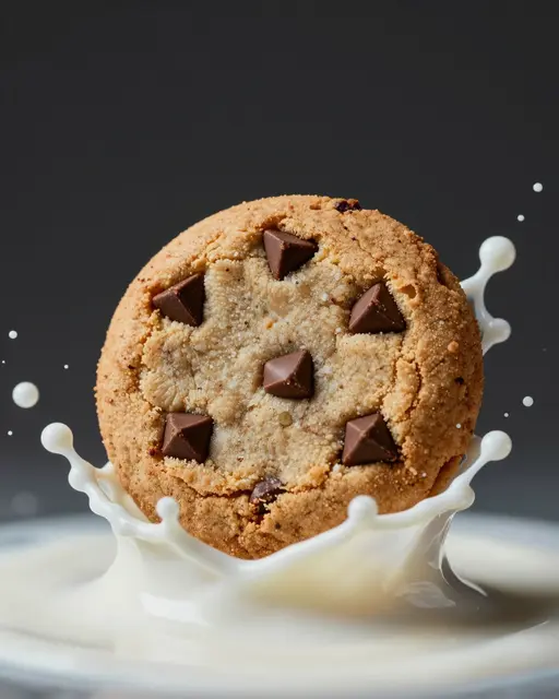 A chocolate chip cookie caught mid-splash as it drops into a bowl of milk against a dark background