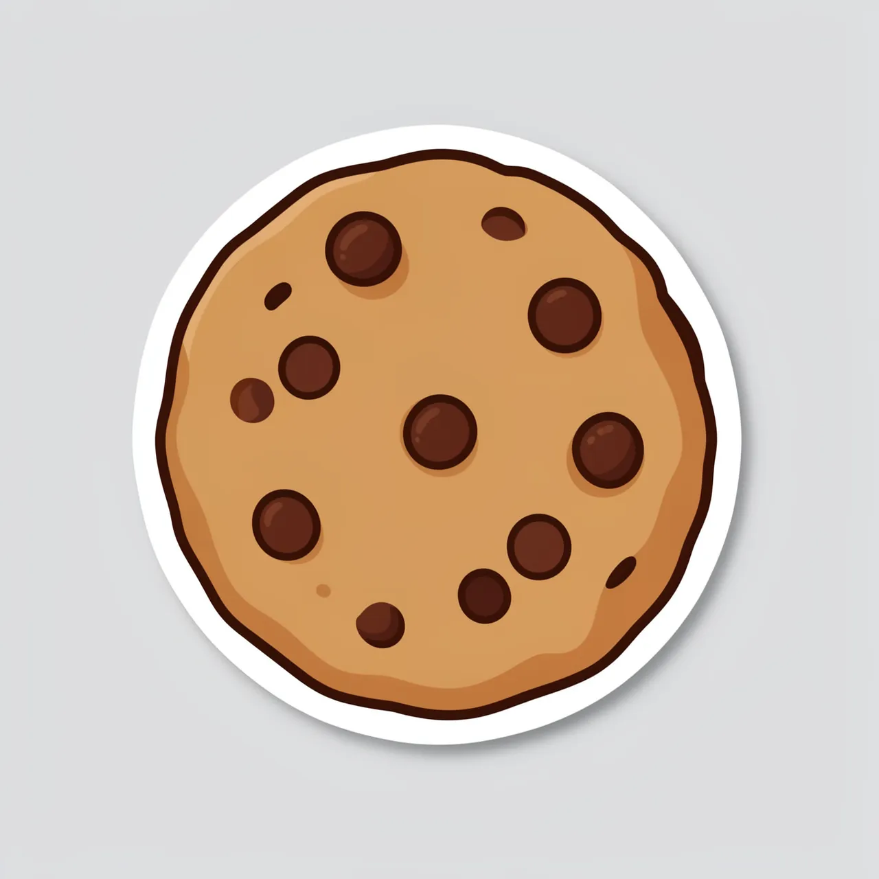 Flat die-cut sticker illustration of a chocolate chip cookie with a thick white border on a plain light gray background