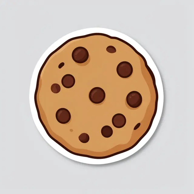 Flat die-cut sticker illustration of a chocolate chip cookie with a thick white border on a plain light gray background