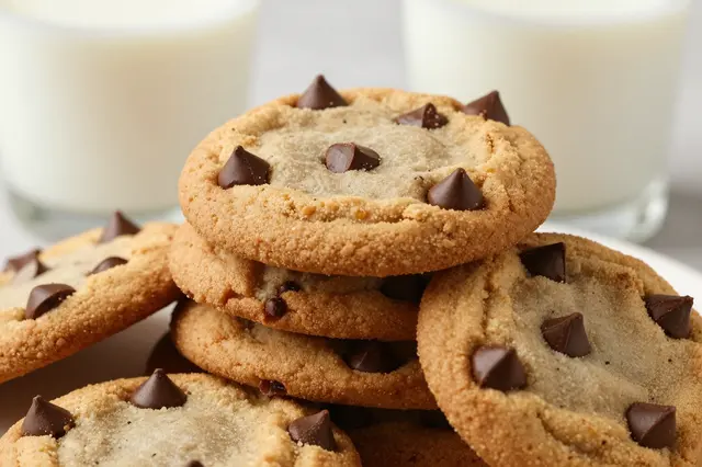 Close-up of a stack of chocolate chip cookies with glasses of milk blurred in the background