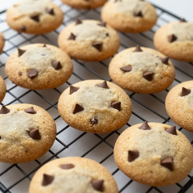 Freshly baked chocolate chip cookies arranged on a black wire cooling rack over a light countertop