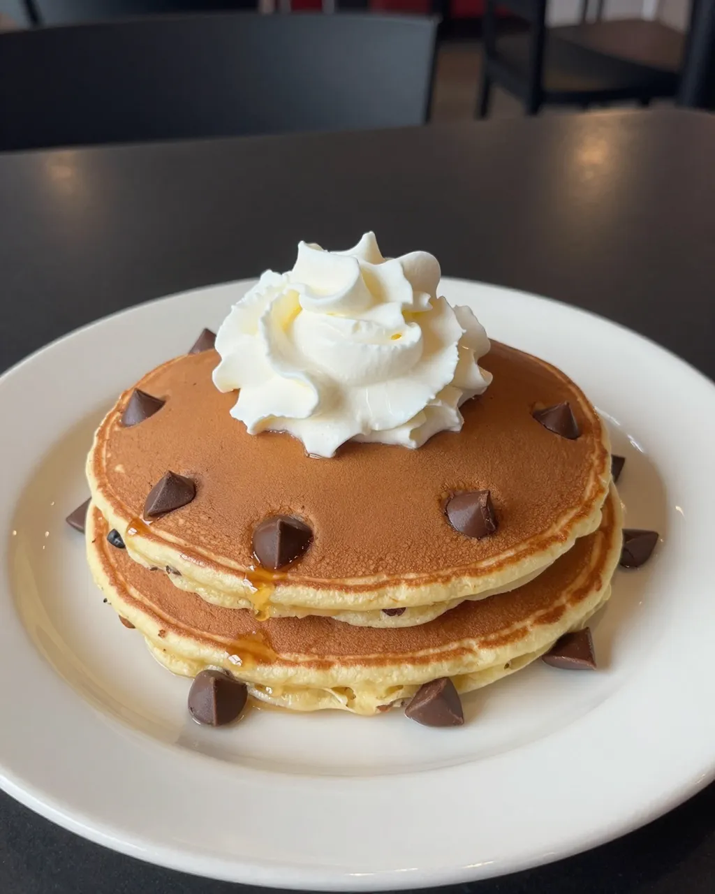Stack of chocolate chip pancakes topped with whipped cream and syrup on a white diner plate