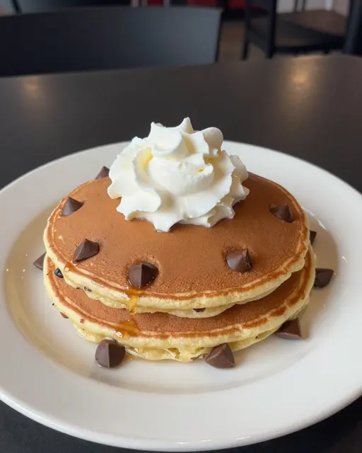 Stack of chocolate chip pancakes topped with whipped cream and syrup on a white diner plate