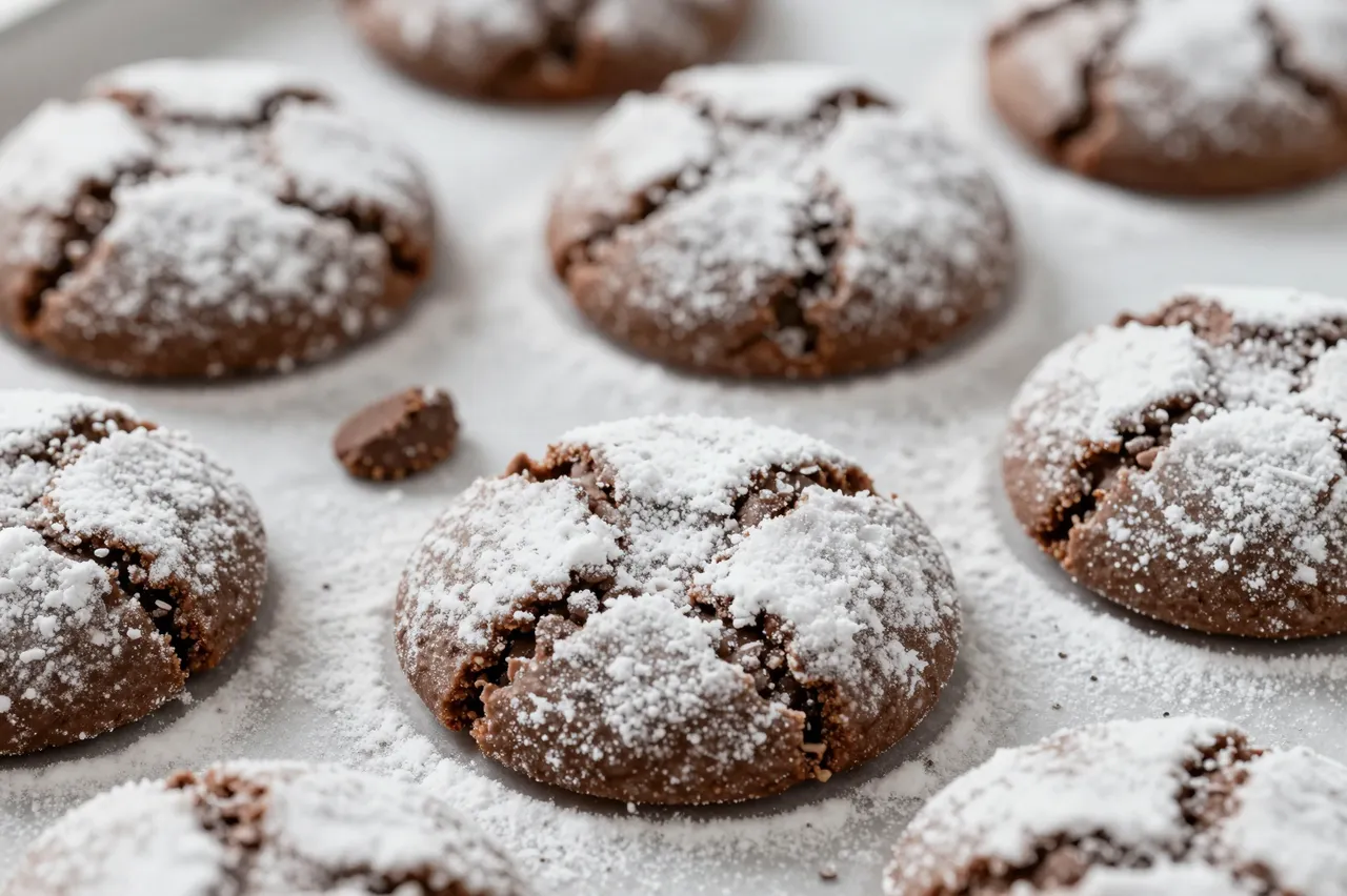 Fresh chocolate crinkle cookies dusted with powdered sugar arranged on a baking sheet lined with parchment paper